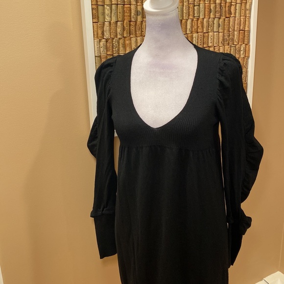 NWT.  Scoop Black 100% Merino Wool V Neck Sweater Dress Puff Sleeves - Picture 2 of 16